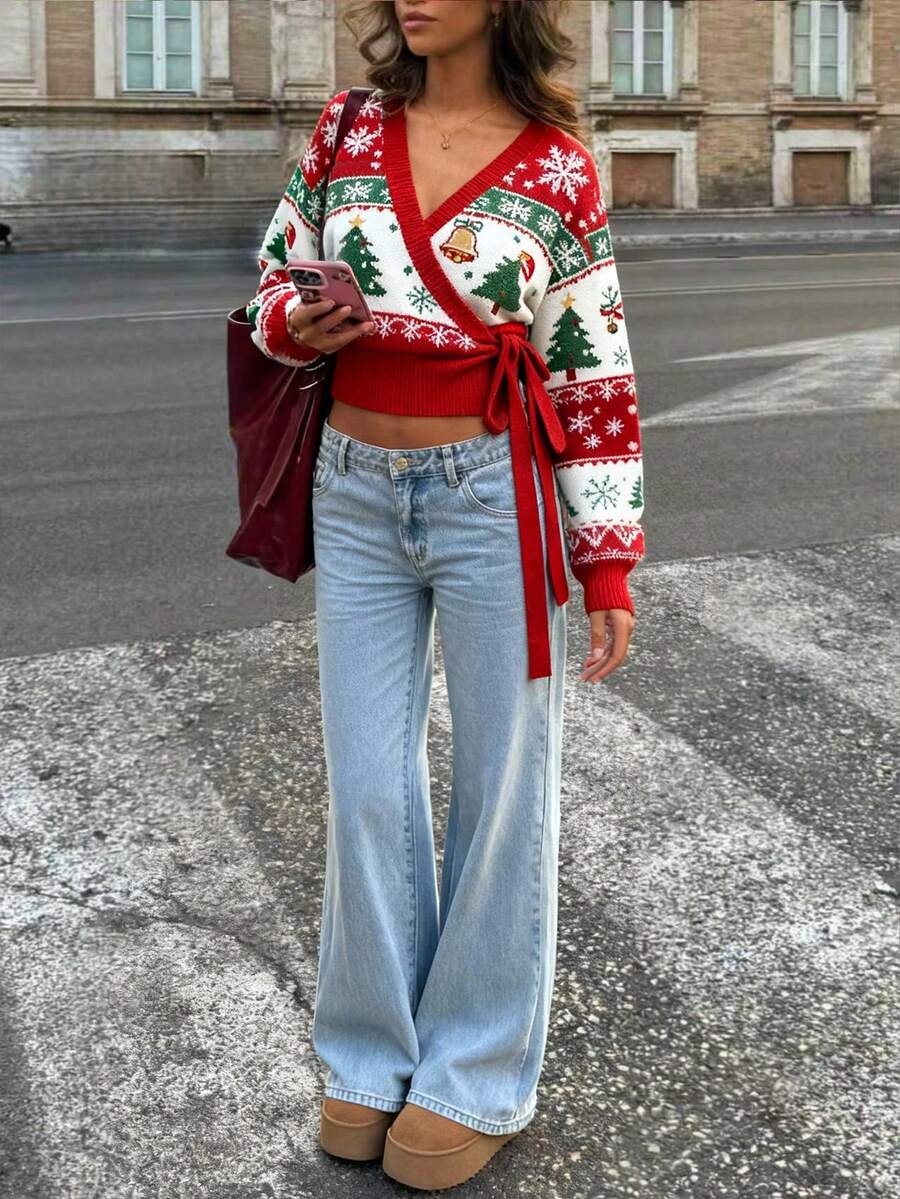 Julesweater dame i strik med slå om-effekt og bindebånd, kort model med V-hals, Rød, billede 5