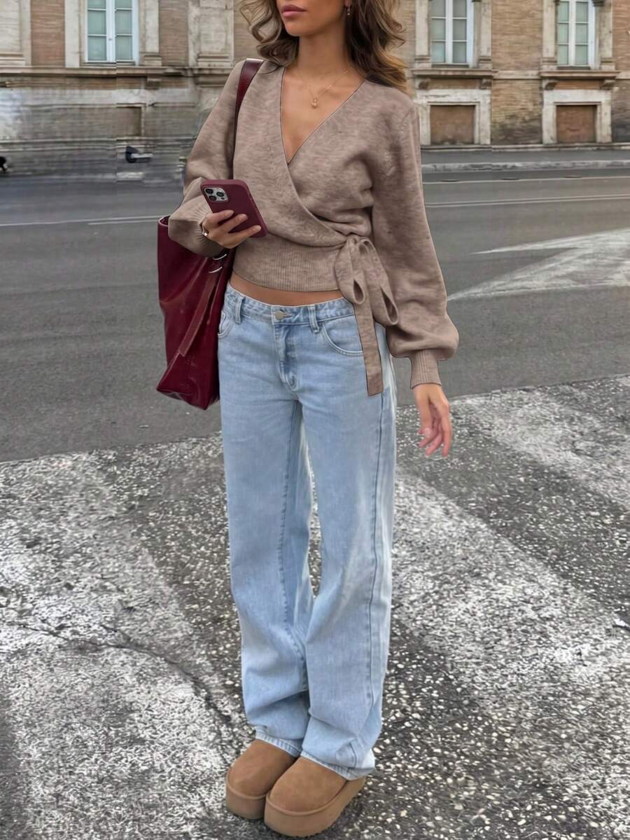 Julesweater dame i strik med slå om-effekt og bindebånd, kort model med V-hals, Khaki, billede 8