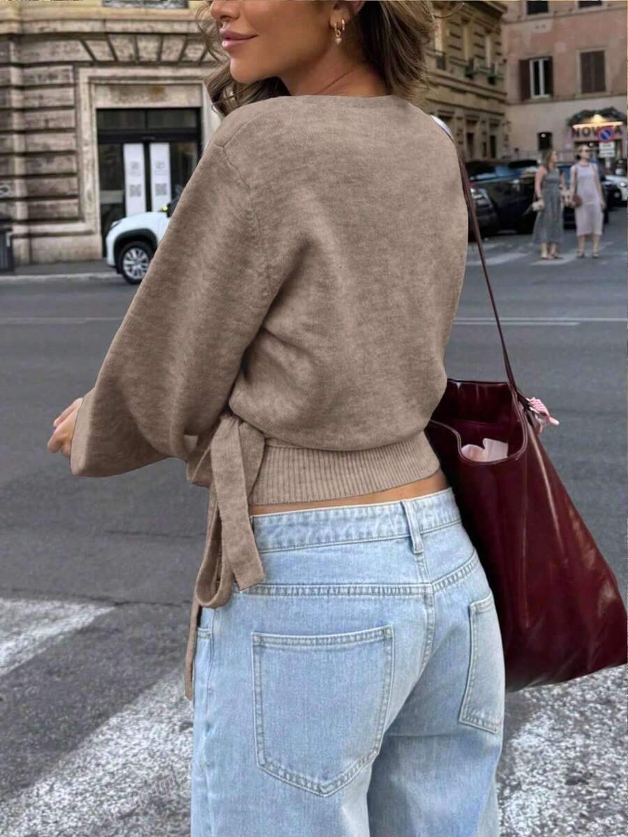 Julesweater dame i strik med slå om-effekt og bindebånd, kort model med V-hals, Khaki, billede 10
