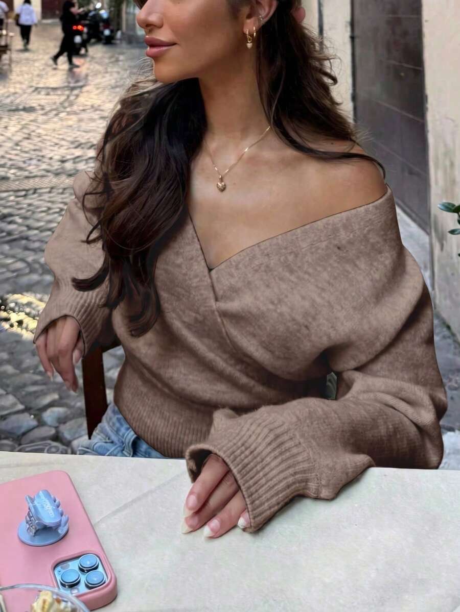 Julesweater dame i strik med slå om-effekt og bindebånd, kort model med V-hals, Khaki, billede 11