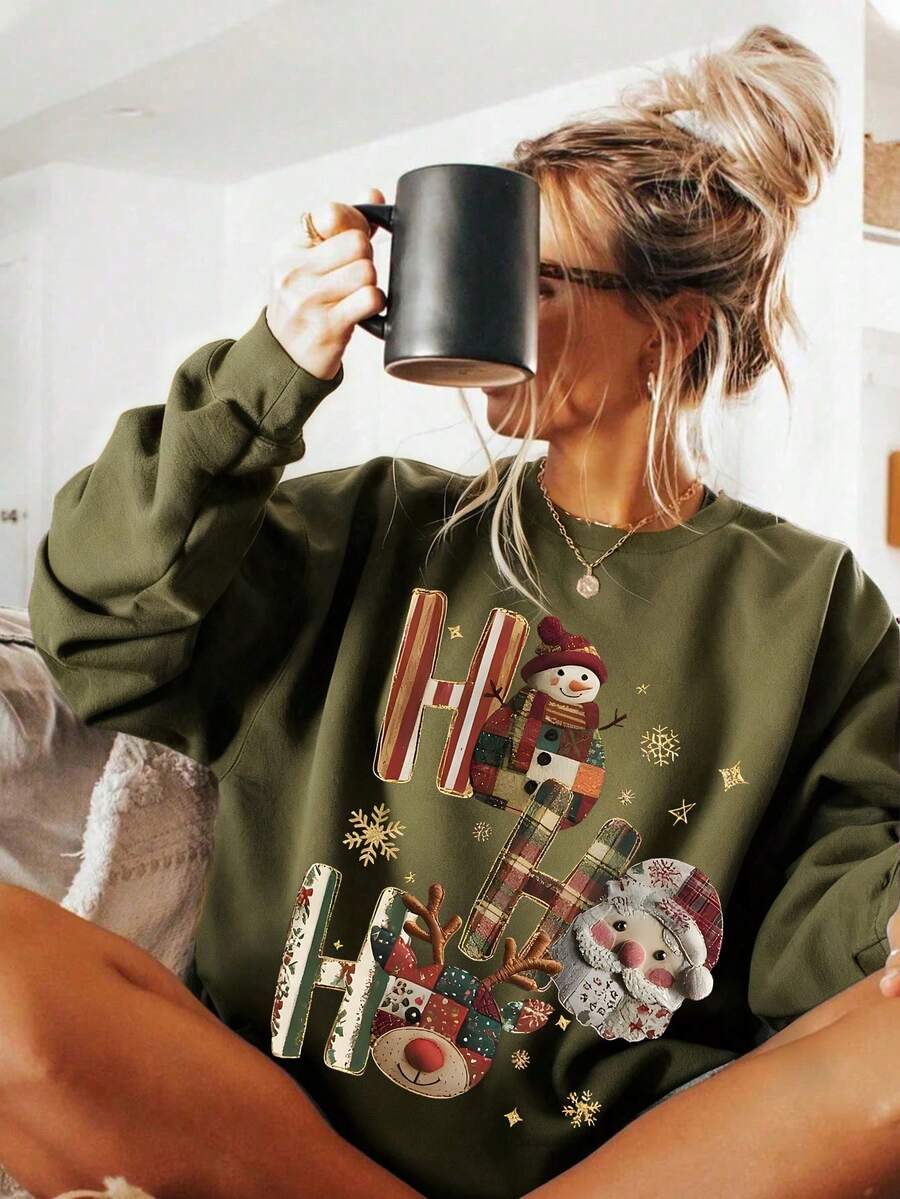 Julesweater dame i sweatshirtmodel med ho ho ho-print, julemand, rensdyr og snemand, Armégrøn, billede 2