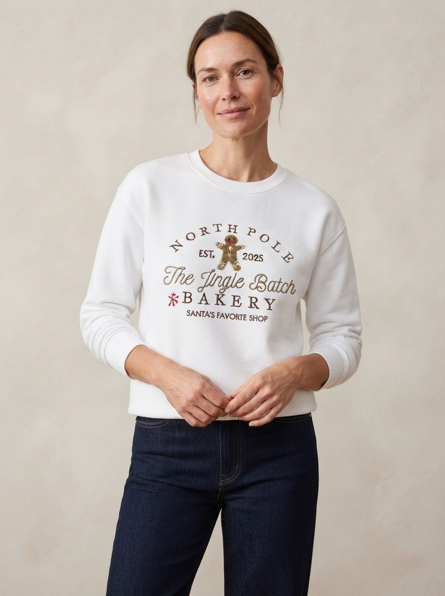 Julesweater dame med broderet honningkagemand, løs sweatshirt med fleece indvendigt, Hvid