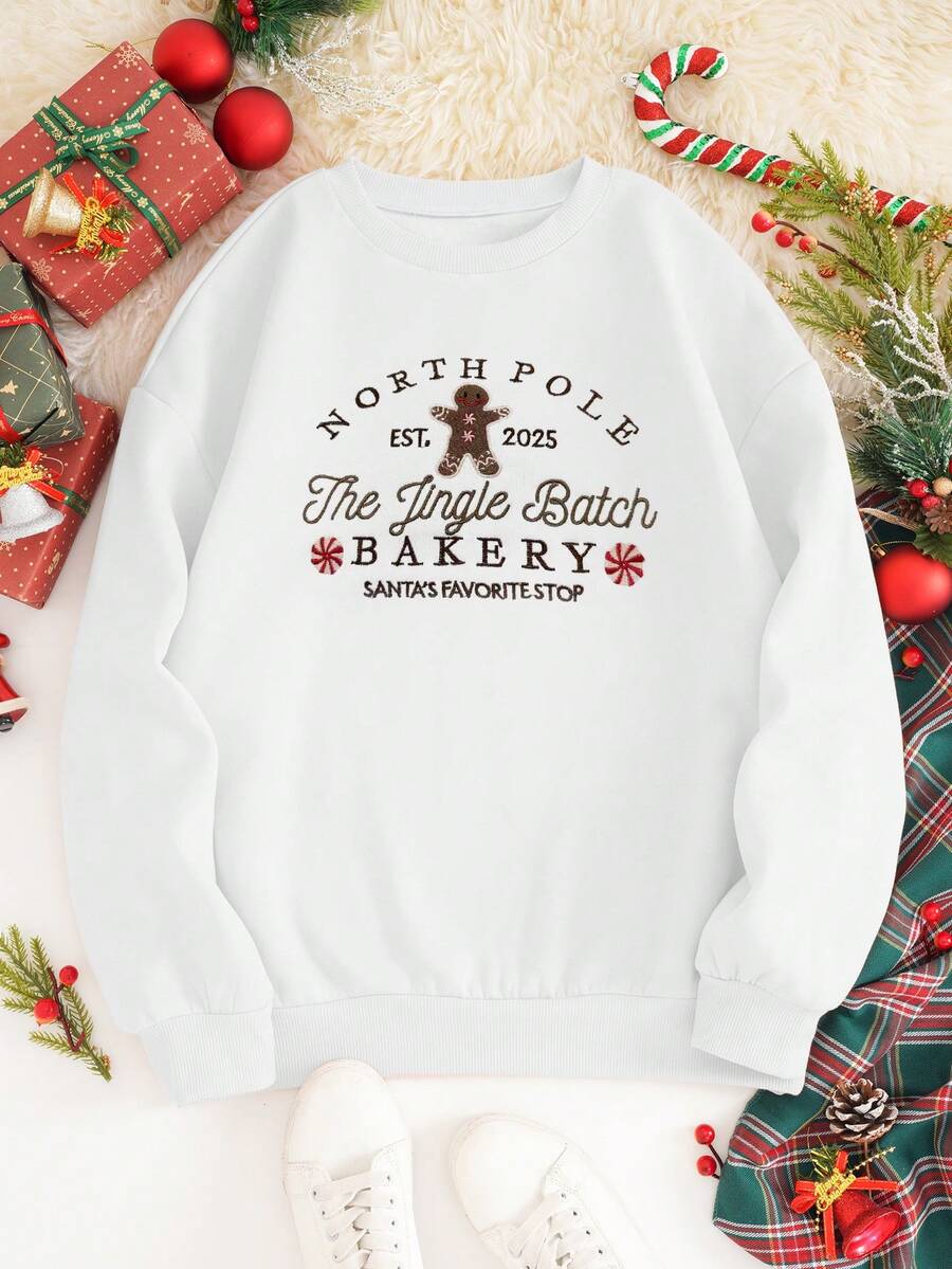 Julesweater dame med broderet honningkagemand, løs sweatshirt med fleece indvendigt, Hvid, billede 2