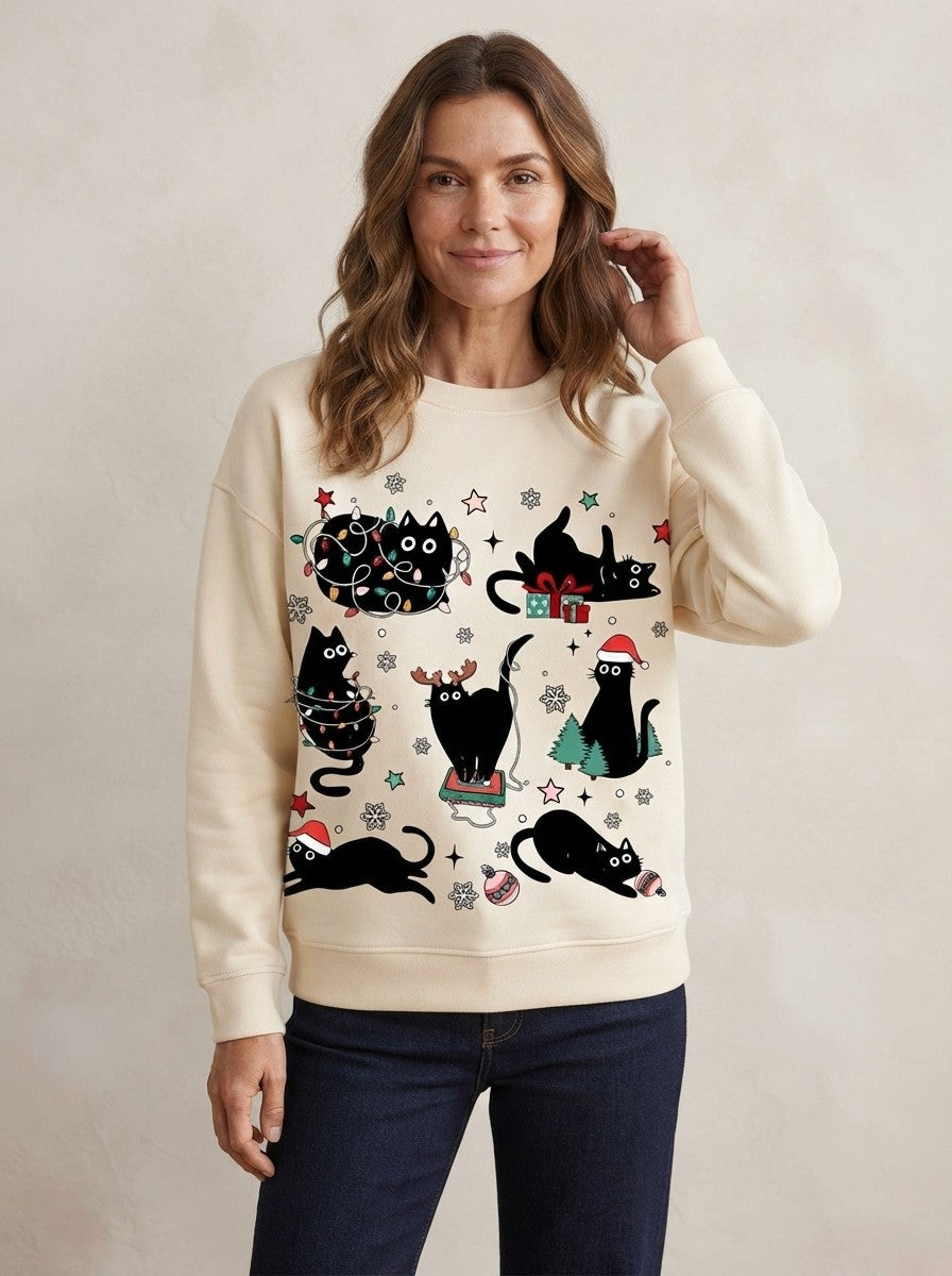 Julesweater dame med katteprint, løs og foret sweatshirt med rund hals, Abrikos