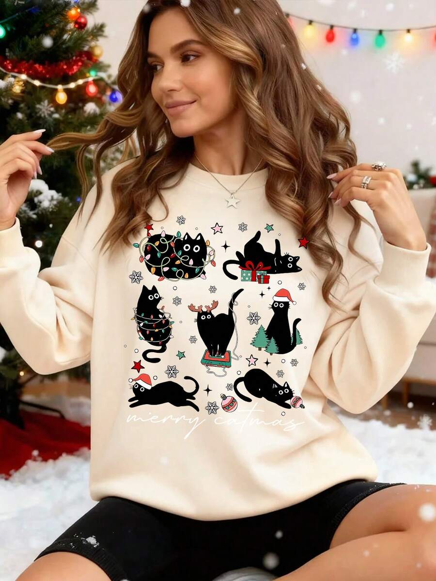 Julesweater dame med katteprint, løs og foret sweatshirt med rund hals, Abrikos