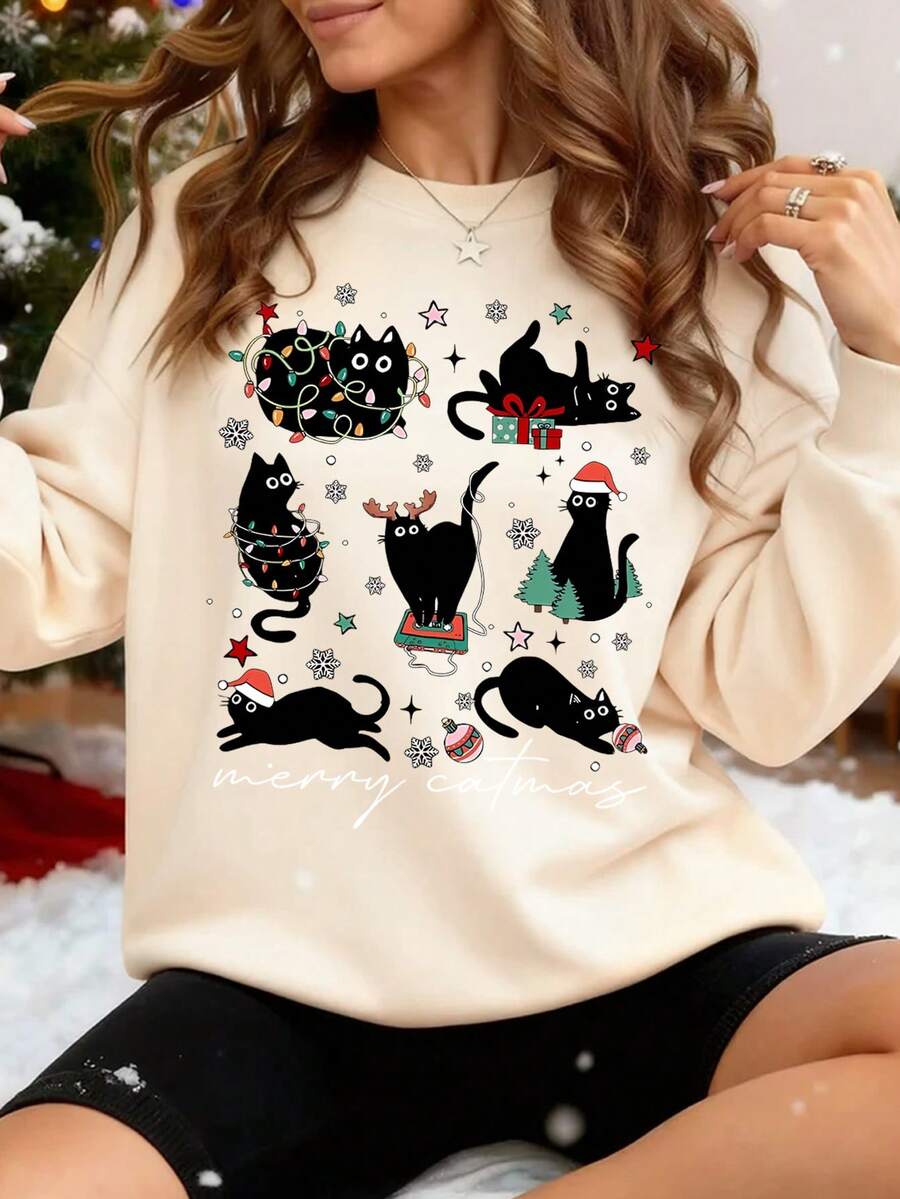 Julesweater dame med katteprint, løs og foret sweatshirt med rund hals, Abrikos, billede 3