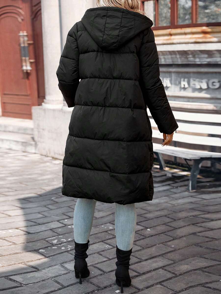 Lang vinterjakke dame med hætte og sidelommer, vatteret puffer i midilængde, Sort, billede 2