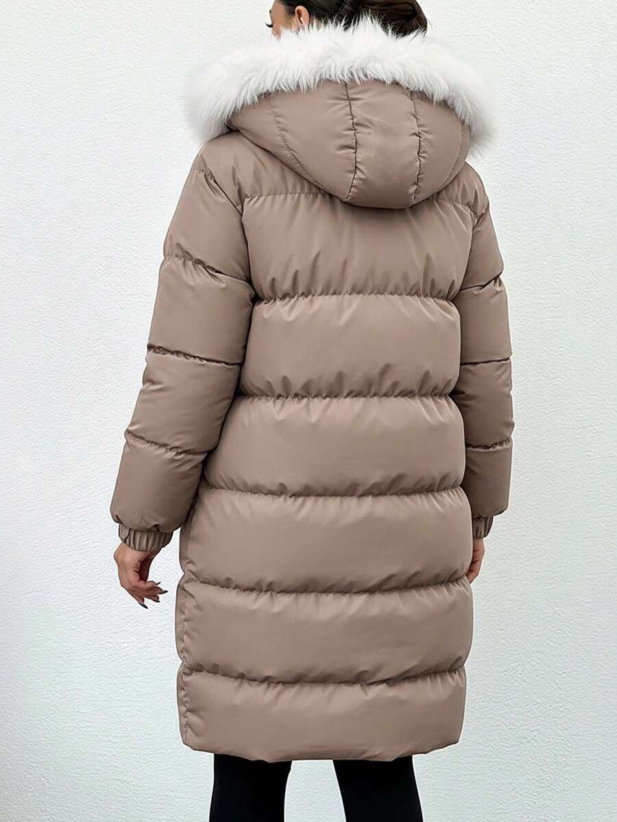 Lang vinterjakke dame med kunstpels på hætten, vatteret puffer og klaplommer, Mokkabrun, billede 2