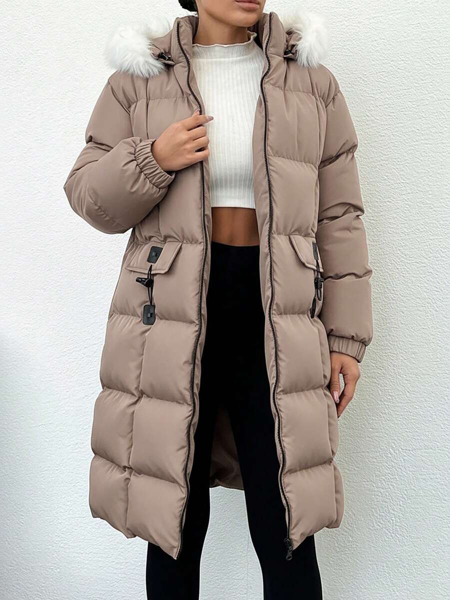 Lang vinterjakke dame med kunstpels på hætten, vatteret puffer og klaplommer, Mokkabrun, billede 3