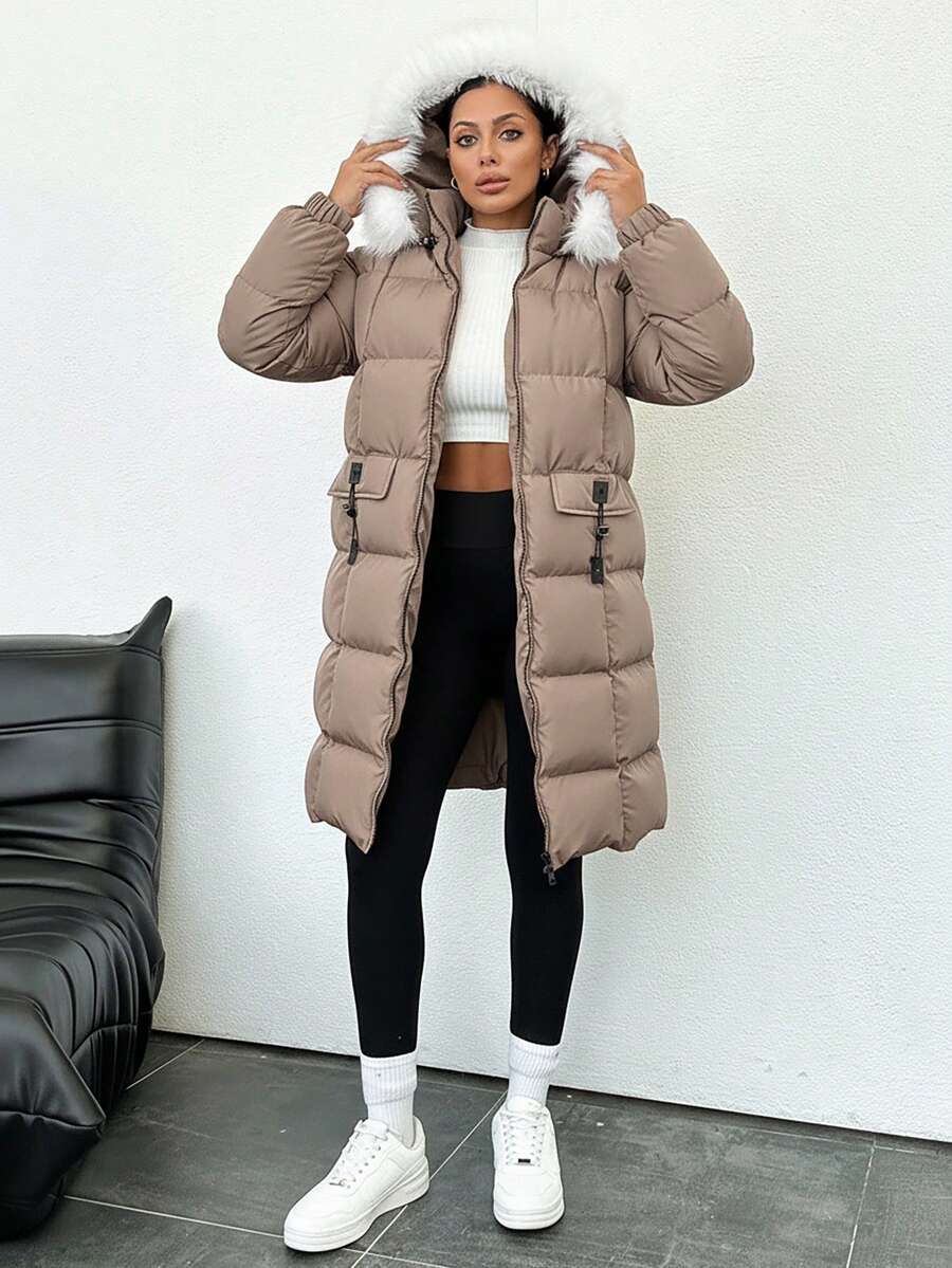 Lang vinterjakke dame med kunstpels på hætten, vatteret puffer og klaplommer, Mokkabrun, billede 5