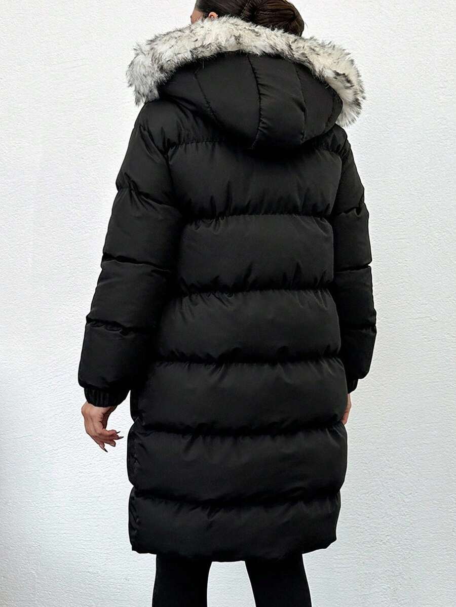 Lang vinterjakke dame med kunstpels på hætten, vatteret puffer og klaplommer, Sort, billede 7