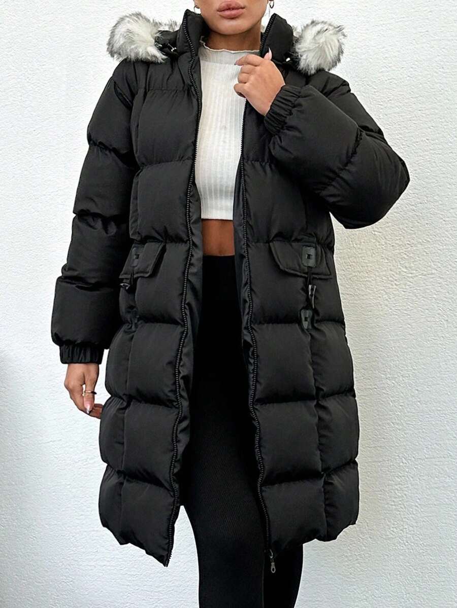 Lang vinterjakke dame med kunstpels på hætten, vatteret puffer og klaplommer, Sort, billede 8