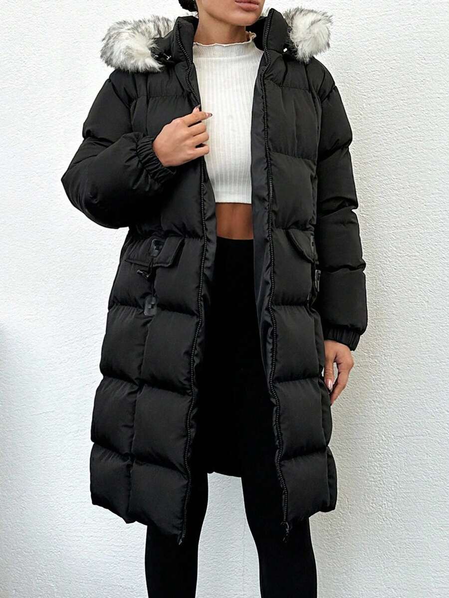 Lang vinterjakke dame med kunstpels på hætten, vatteret puffer og klaplommer, Sort, billede 11