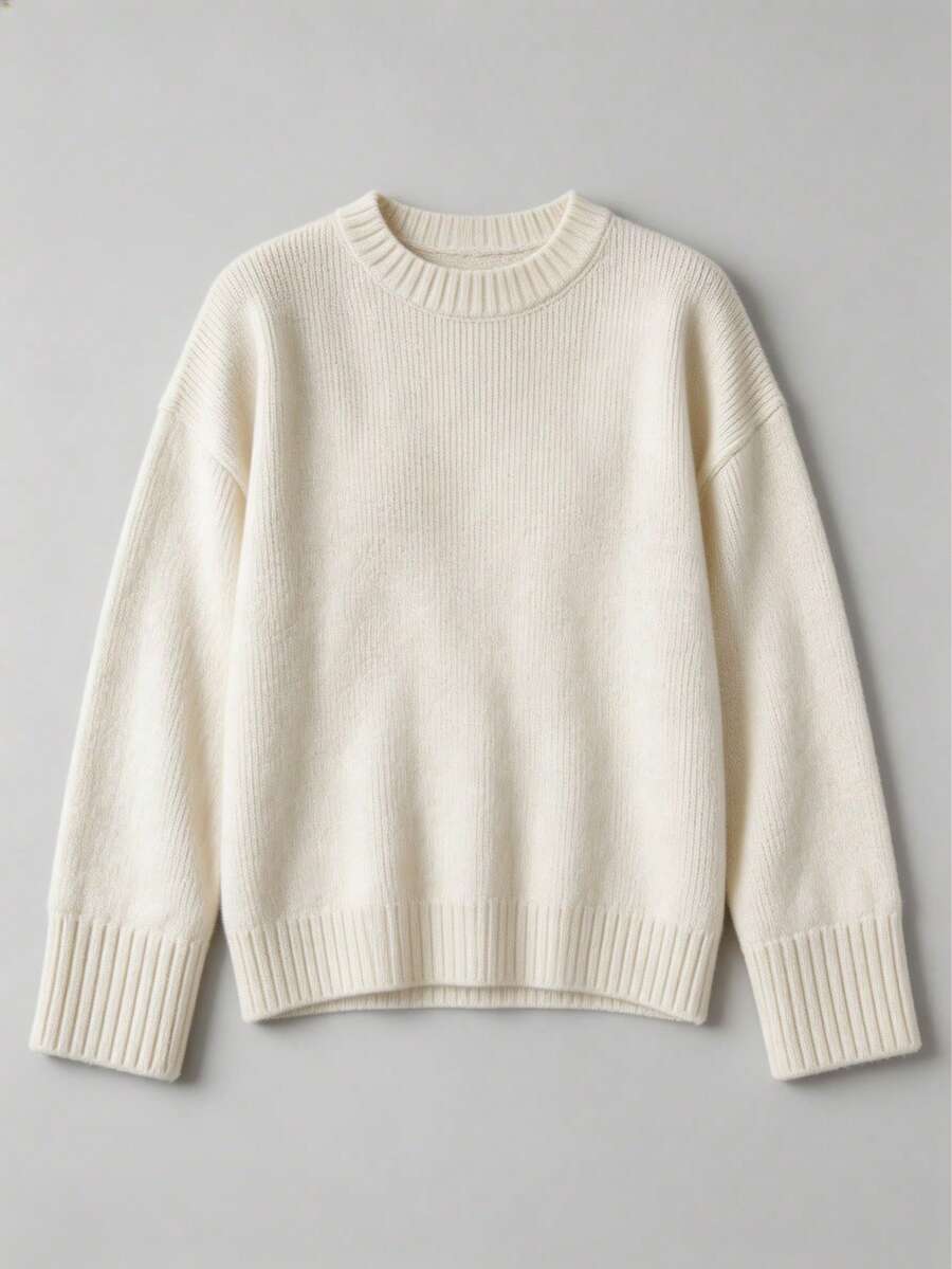 Oversize striktrøje dame med rund hals, brede ærmer og dyb ribkant, Råhvid, billede 11