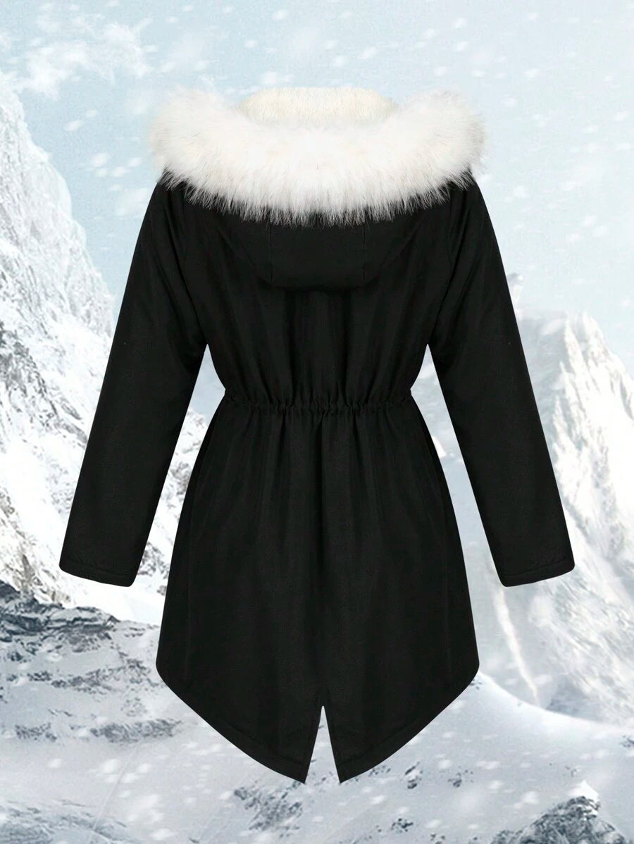 Parka vinterjakke til dame med kunstpelskant på hætten, teddyfor og snøre i taljen, Sort, billede 2