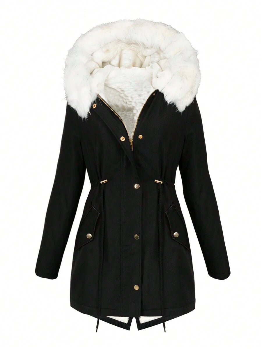 Parka vinterjakke til dame med kunstpelskant på hætten, teddyfor og snøre i taljen, Sort, billede 6