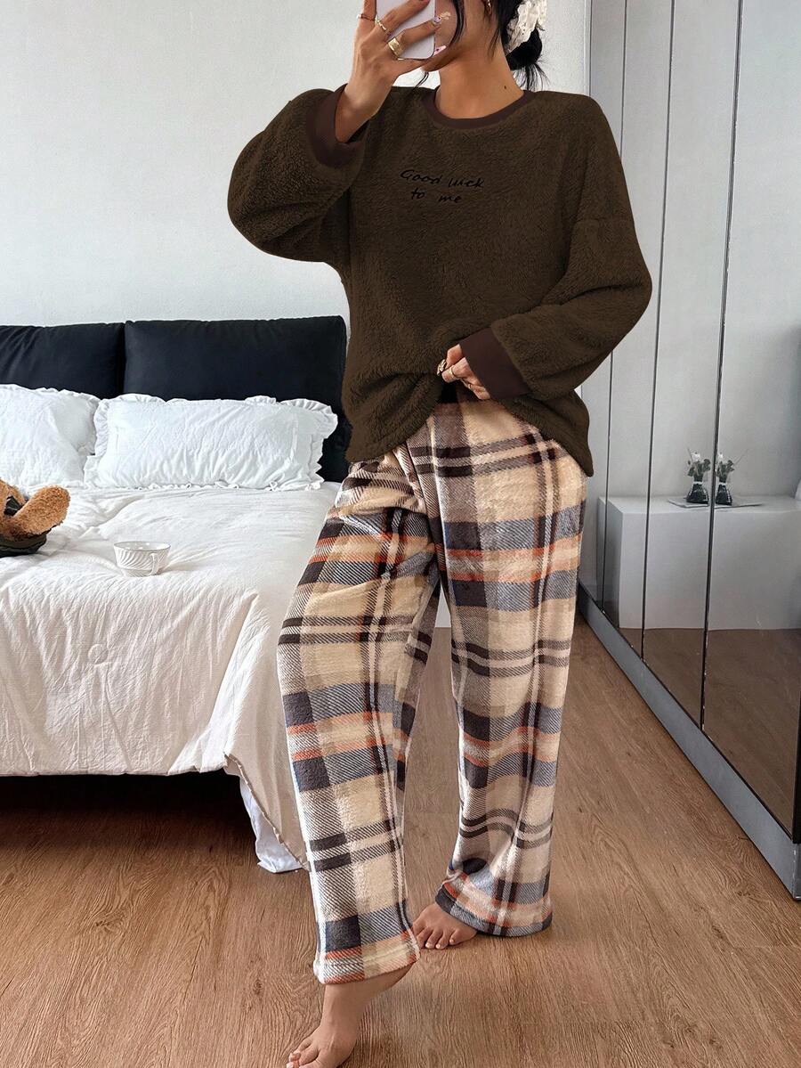 Pyjamas dame med blød fleecetop og ternede bukser i flonel, løs pasform, Brun, billede 3