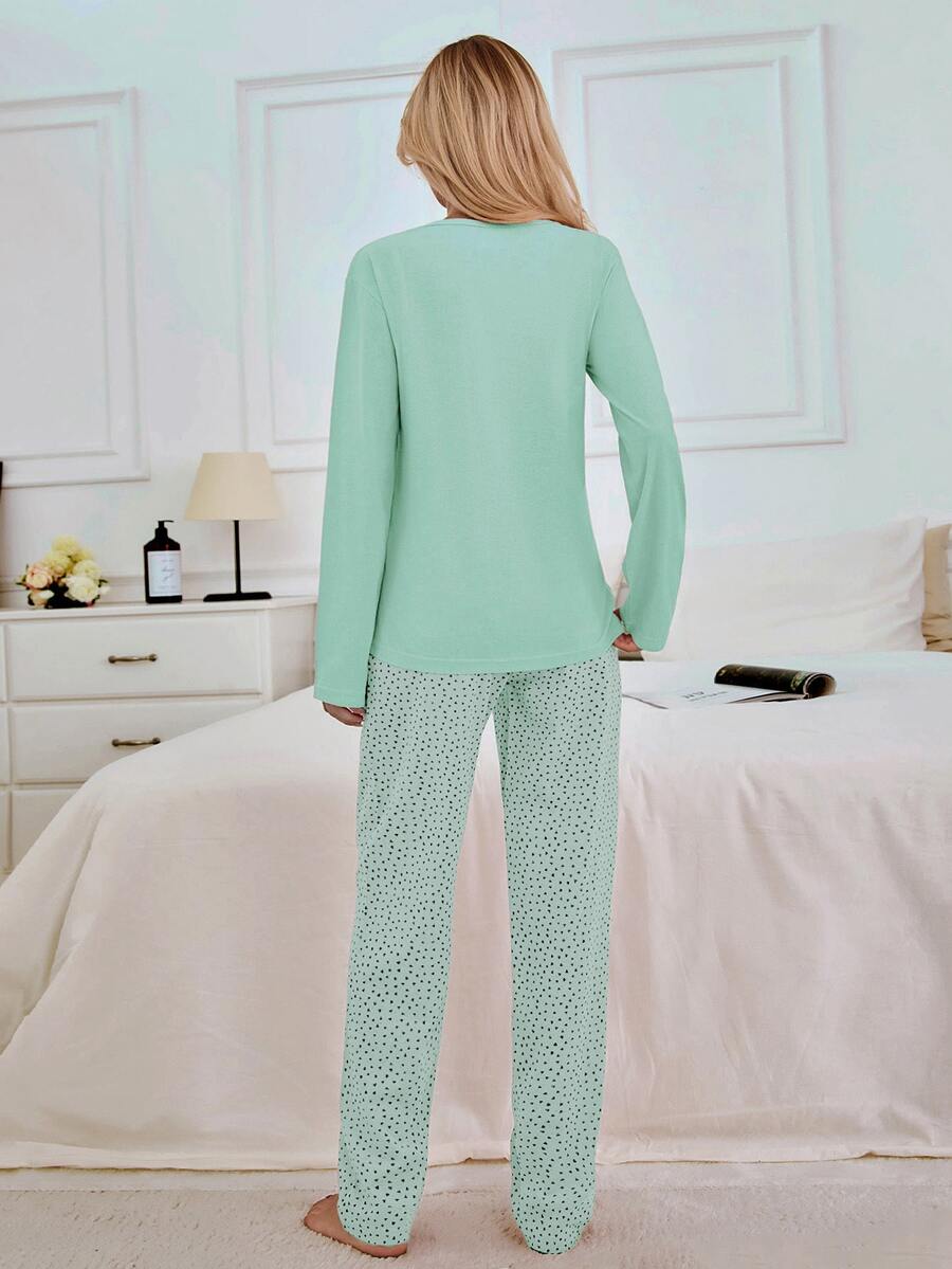 Pyjamas dame med hjerteprint, langærmet top med rund hals og lange bukser med lige ben, Mintgrøn, billede 2