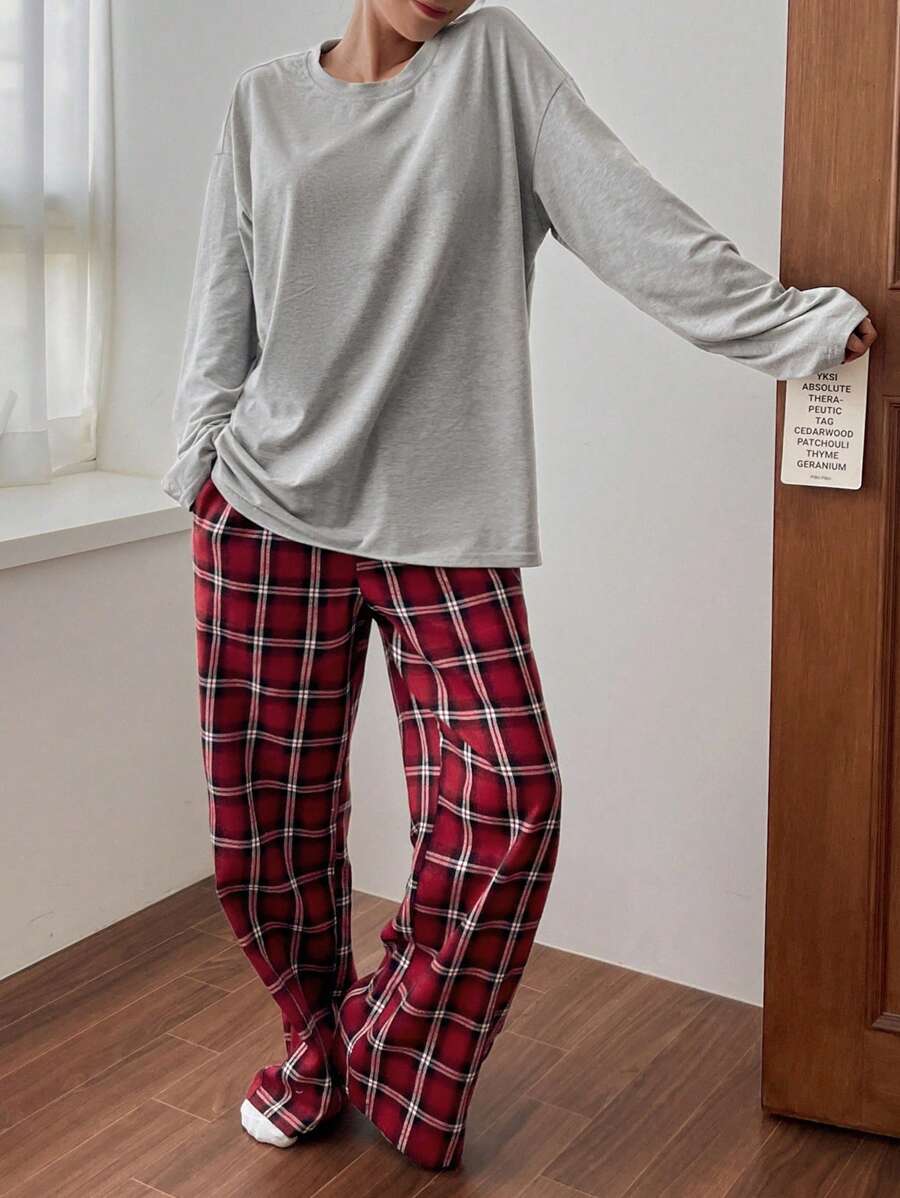 Pyjamas dame med løs langærmet top og ternede bukser med lige ben, Grå, billede 5