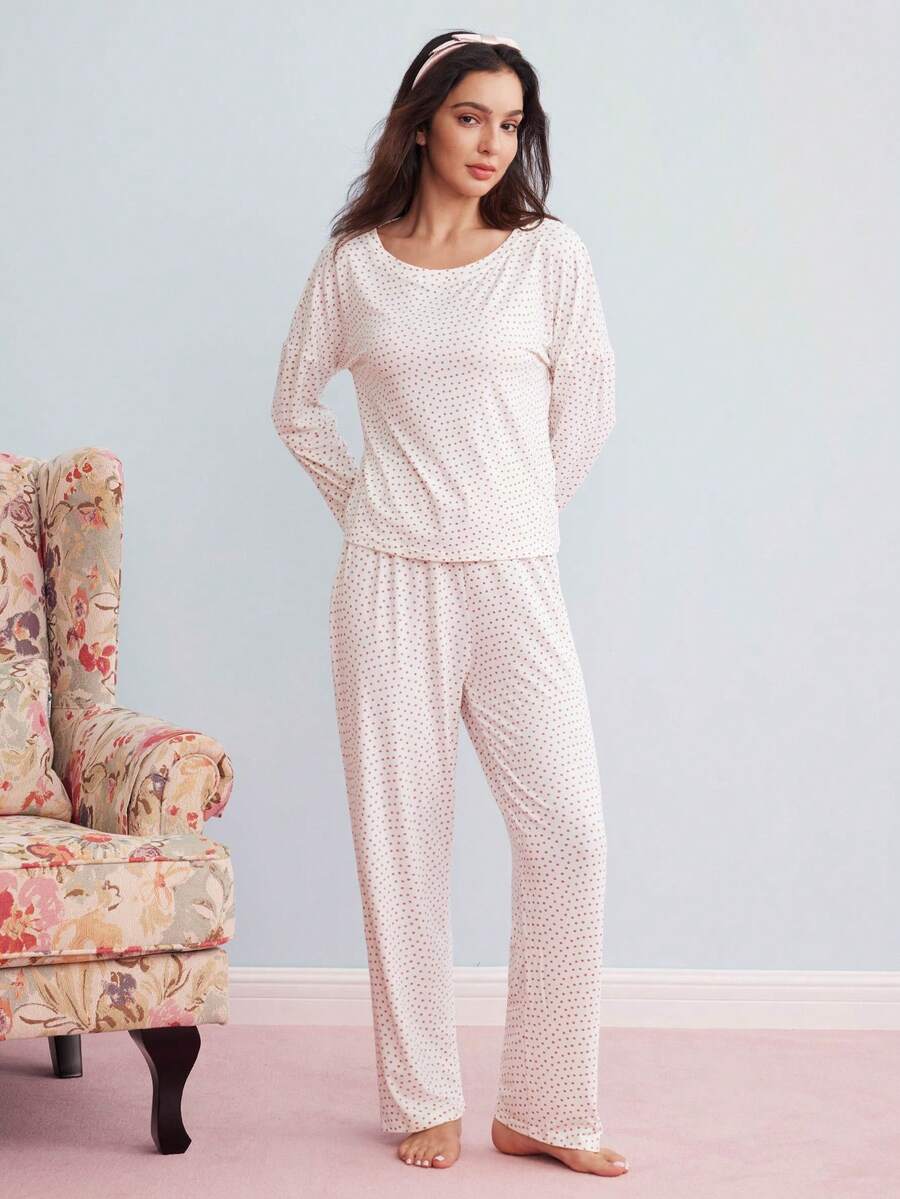 Pyjamas dame med prikker, løs langærmet top og lange bukser med sløjfe i taljen, Hvid, billede 3