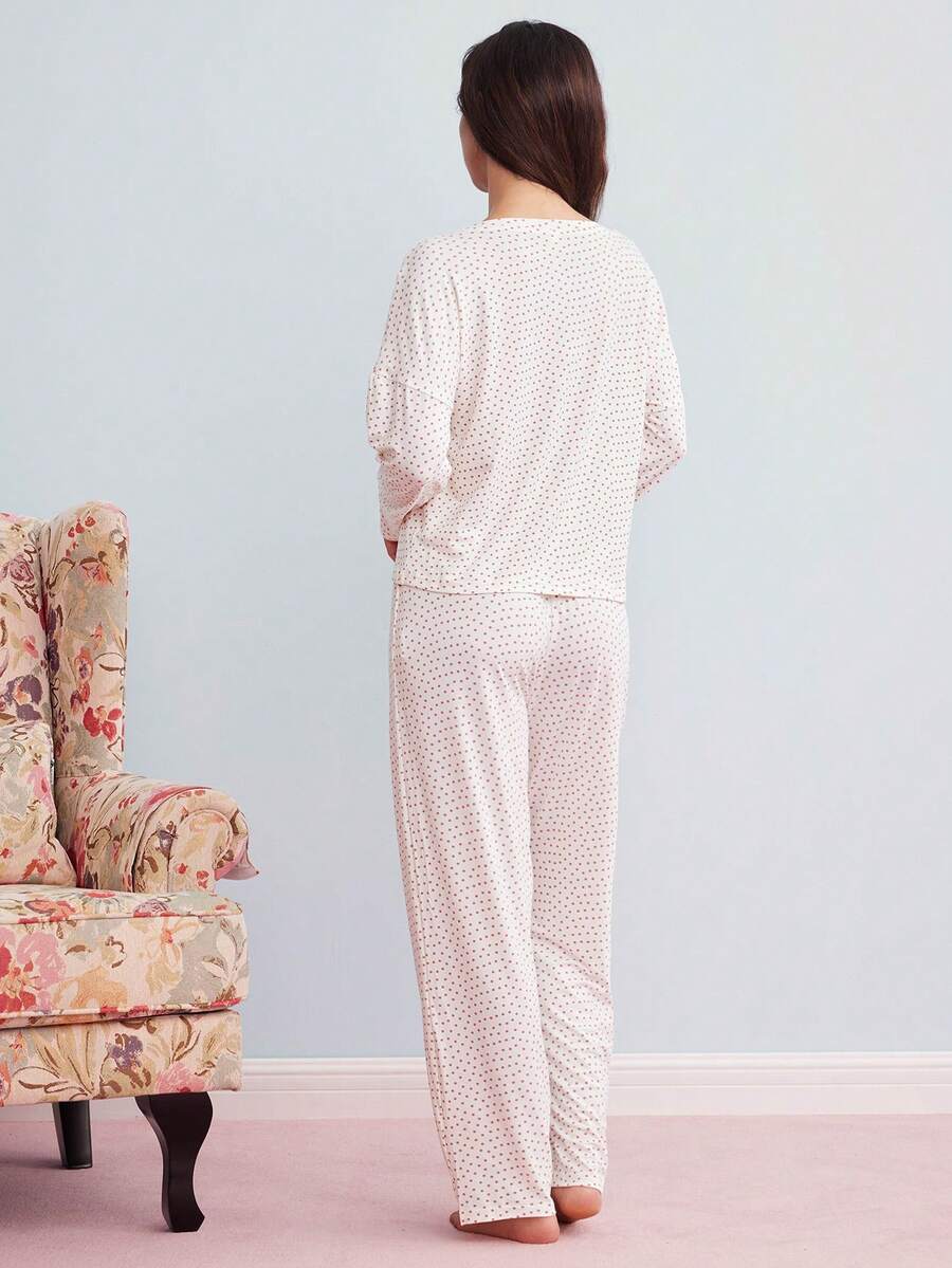 Pyjamas dame med prikker, løs langærmet top og lange bukser med sløjfe i taljen, Hvid, billede 5