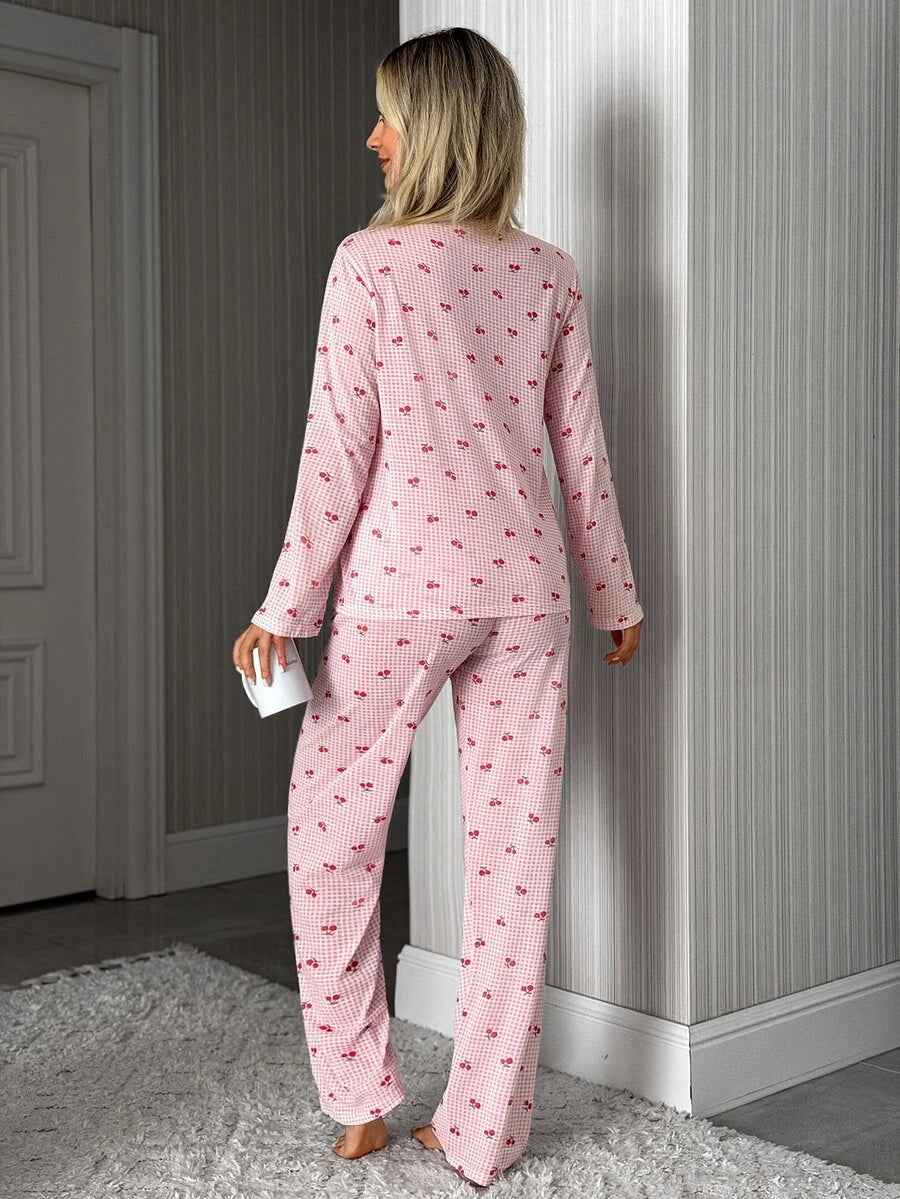 Pyjamas dame med ternede bukser og langærmet top med tekstprint, Lyserød, billede 8