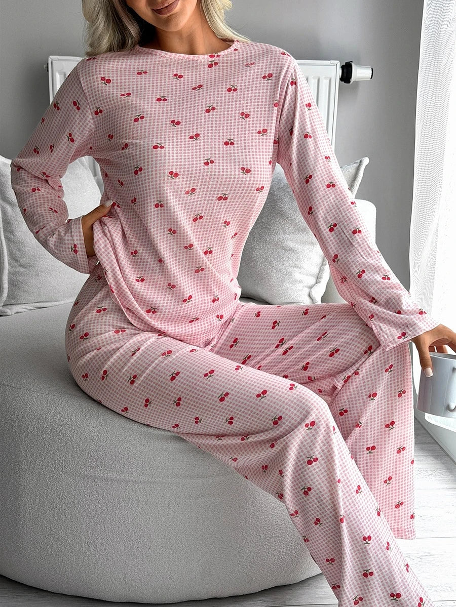 Pyjamas dame med ternede bukser og langærmet top med tekstprint, Lyserød, billede 10