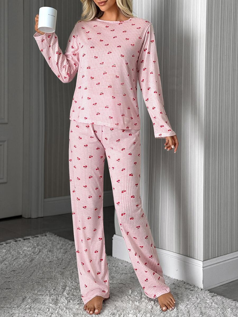 Pyjamas dame med ternede bukser og langærmet top med tekstprint, Lyserød, billede 12