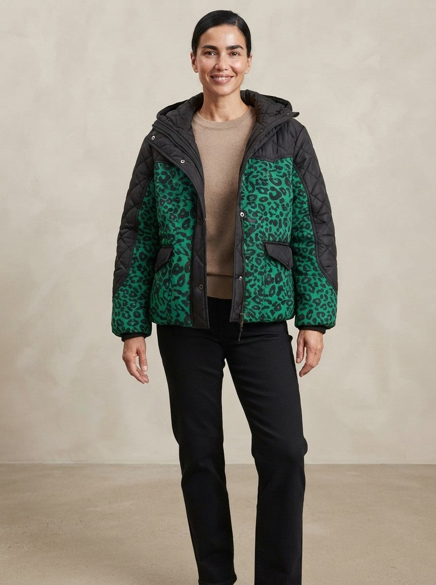 Quiltet vinterjakke dame med leopardmønster, høj krave og trykknapper, kort og løs, Flerfarvet