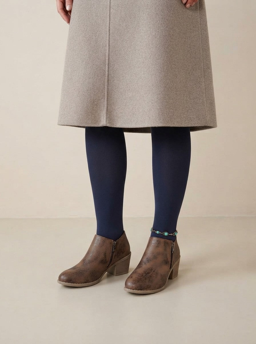 Støvletter dame med blokhæl, lavt skaft og lynlås i siden, kunstlæder i vintagelook, Brun