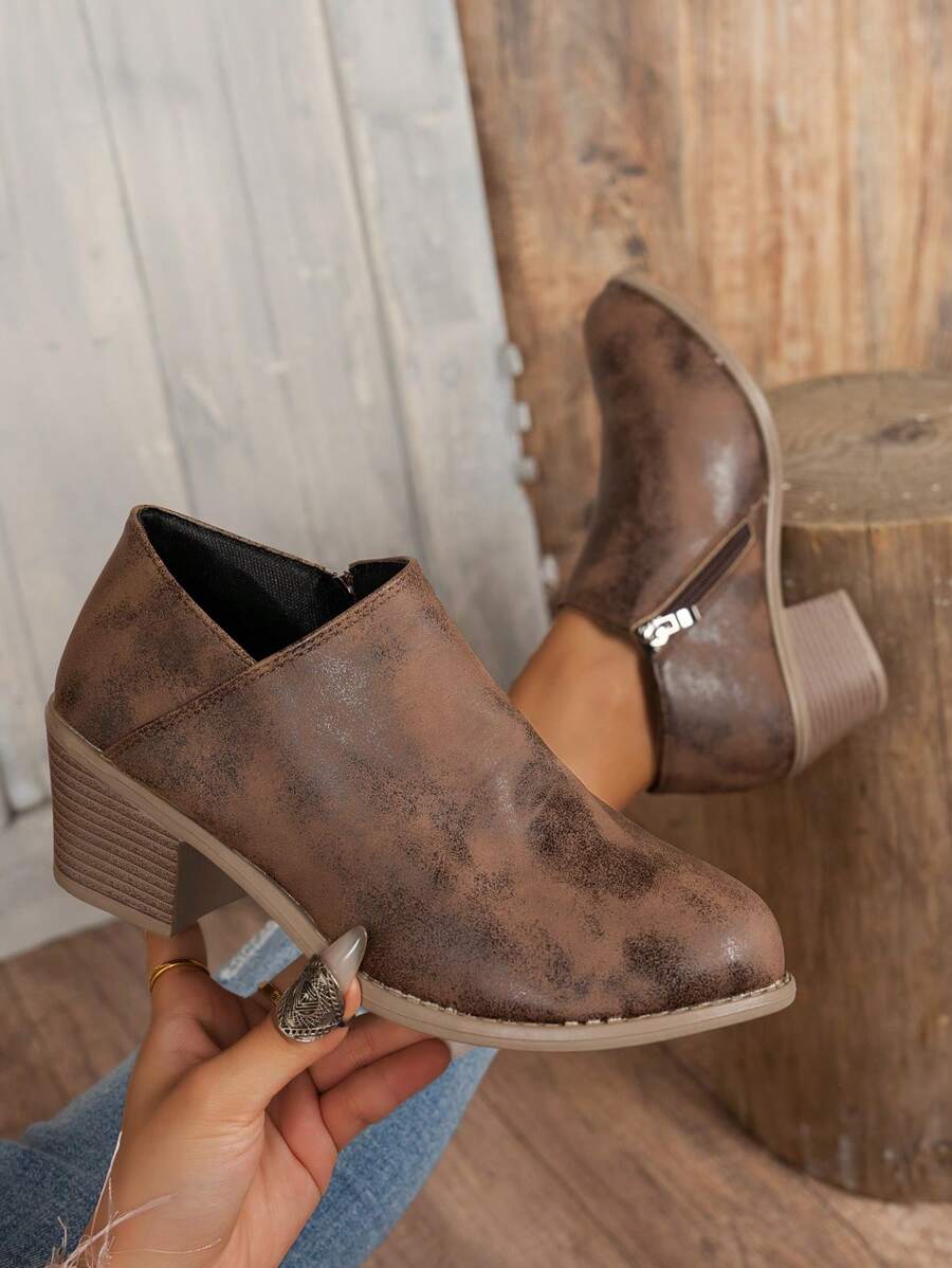 Støvletter dame med blokhæl, lavt skaft og lynlås i siden, kunstlæder i vintagelook, Brun, billede 3