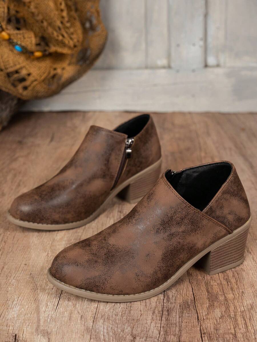 Støvletter dame med blokhæl, lavt skaft og lynlås i siden, kunstlæder i vintagelook, Brun, billede 4