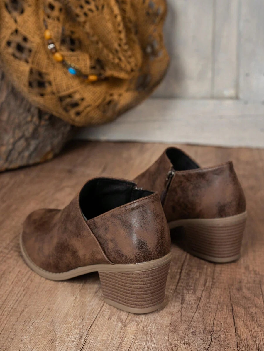 Støvletter dame med blokhæl, lavt skaft og lynlås i siden, kunstlæder i vintagelook, Brun, billede 5