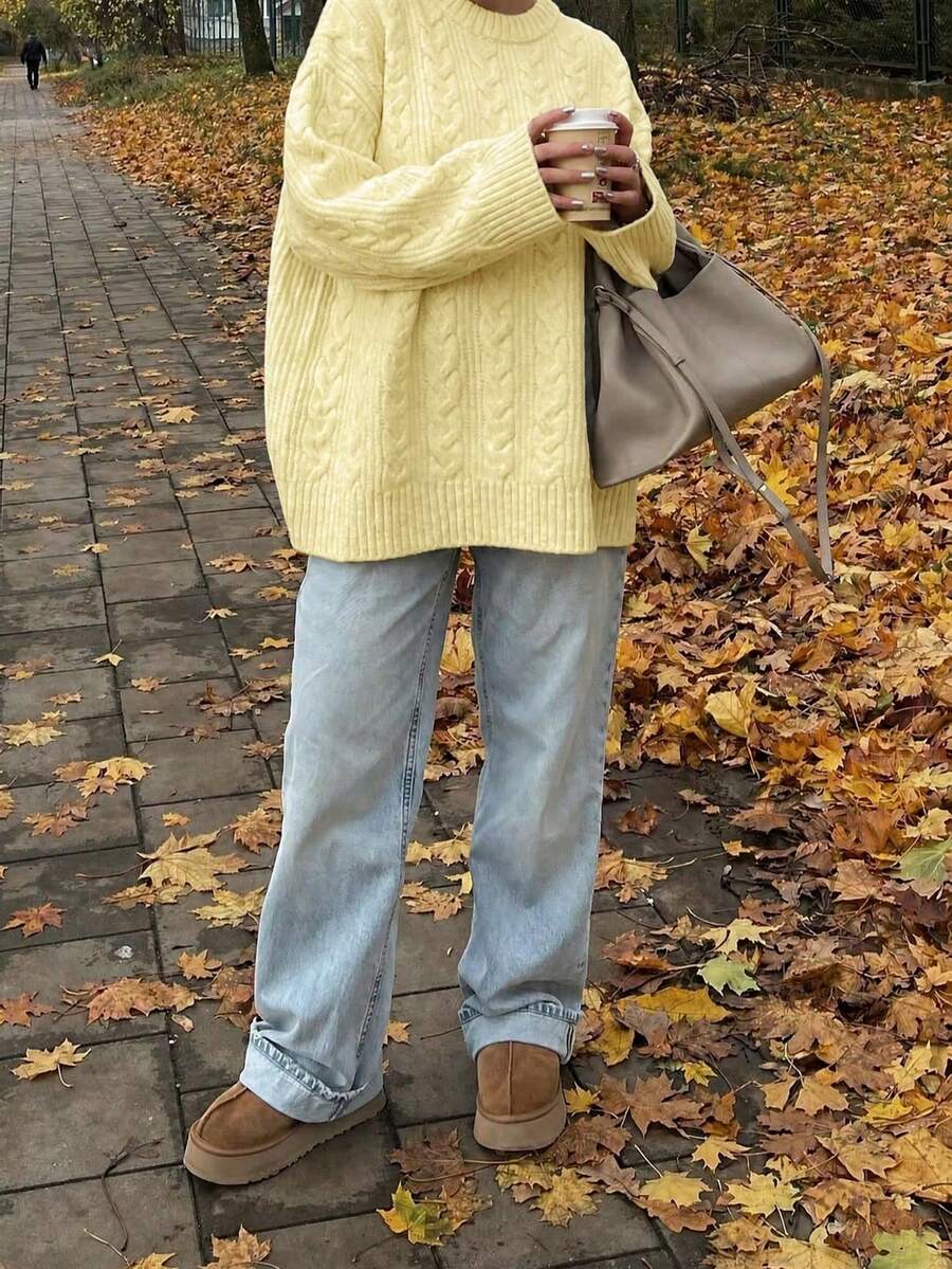 Strik sweater dame i kabelstrik, oversize med rund hals og sænkede skuldre, Gul, billede 7