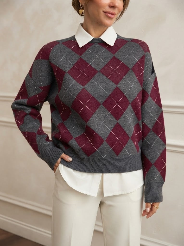 Strik sweater dame med argylemønster, rund hals og sænkede skuldre, Hvid
