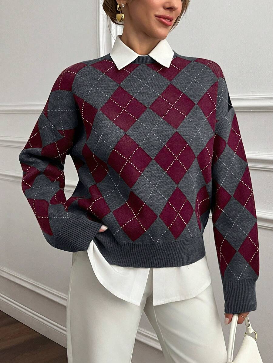 Strik sweater dame med argylemønster, rund hals og sænkede skuldre, Hvid