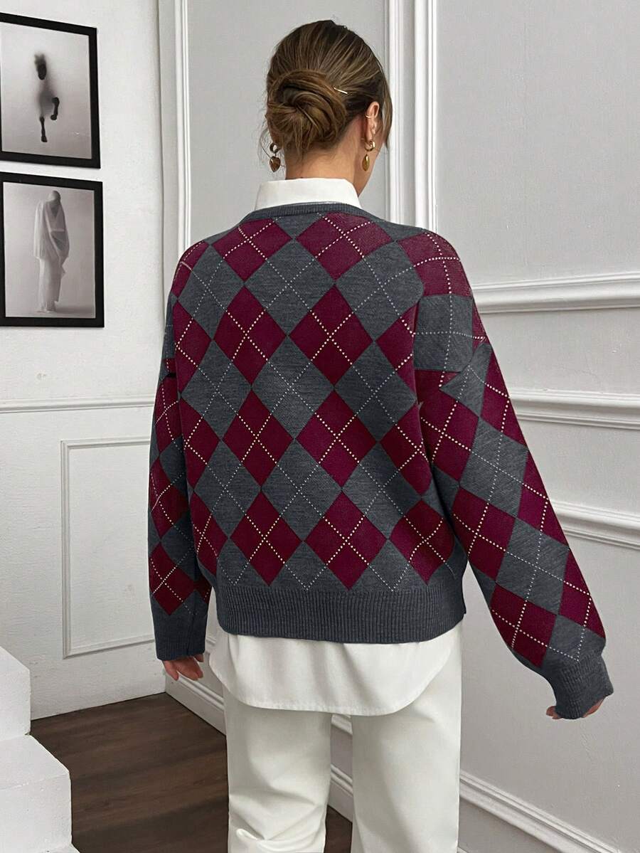Strik sweater dame med argylemønster, rund hals og sænkede skuldre, Hvid, billede 2
