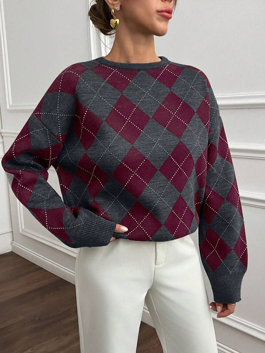Strik sweater dame med argylemønster, rund hals og sænkede skuldre, Hvid, billede 3