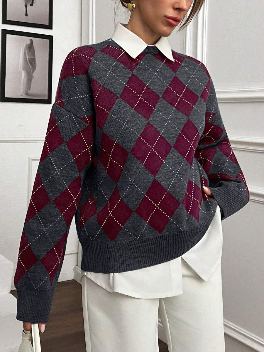 Strik sweater dame med argylemønster, rund hals og sænkede skuldre, Hvid, billede 4
