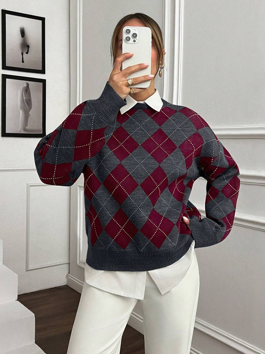 Strik sweater dame med argylemønster, rund hals og sænkede skuldre, Hvid, billede 5