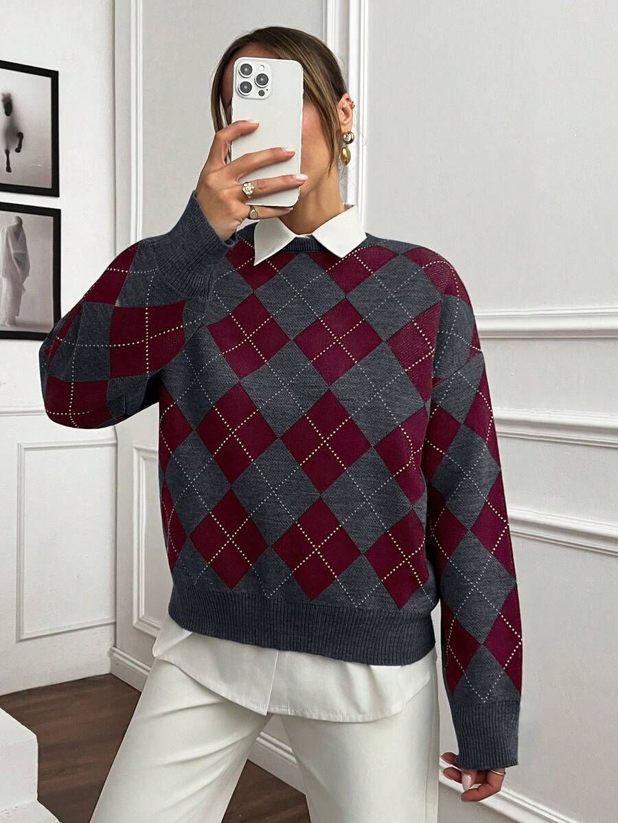 Strik sweater dame med argylemønster, rund hals og sænkede skuldre, Hvid, billede 6