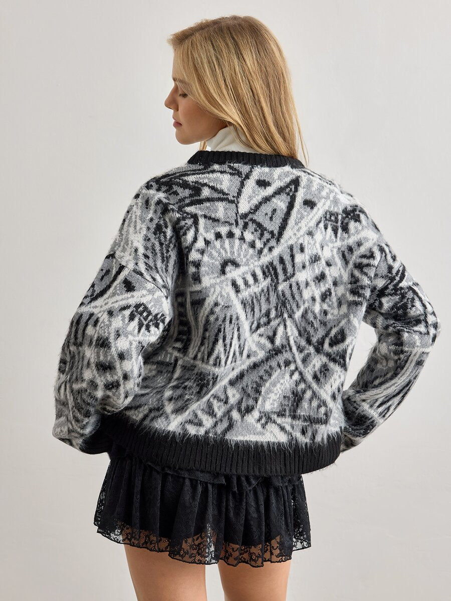 Strik sweater dame med argylemønster, rund hals og sænkede skuldre, Grå, billede 8