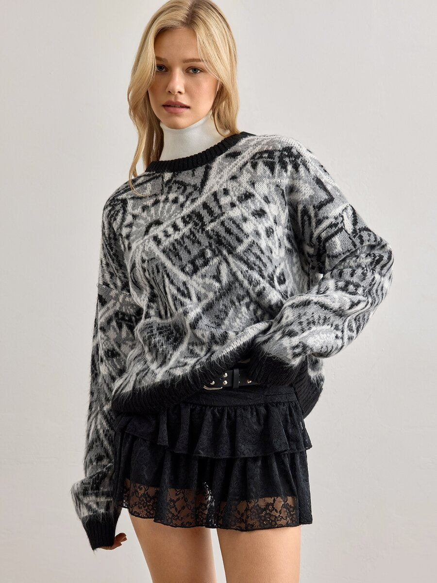 Strik sweater dame med argylemønster, rund hals og sænkede skuldre, Grå, billede 9