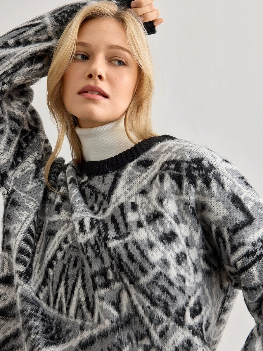 Strik sweater dame med argylemønster, rund hals og sænkede skuldre, Grå, billede 10