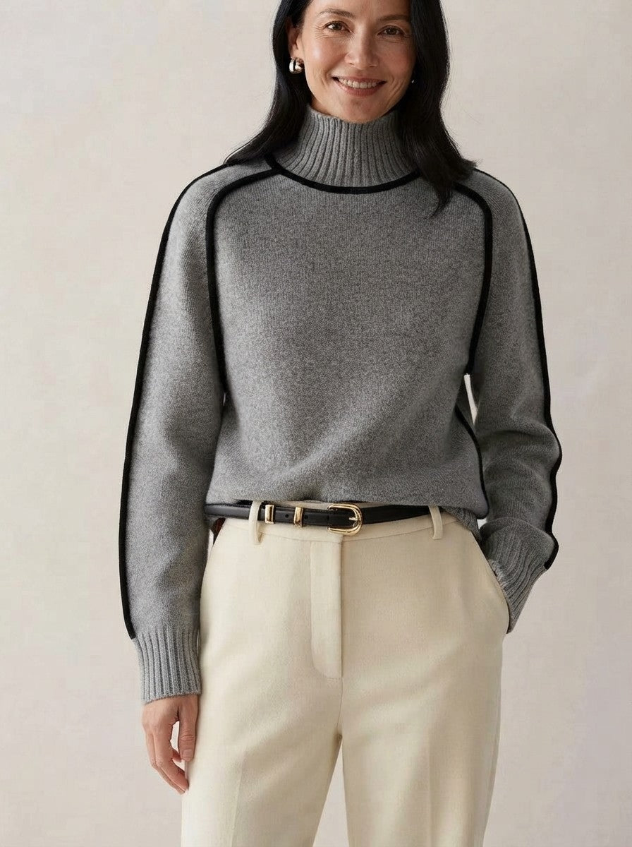 Strik sweater dame med høj hals og kontrastkanter langs raglanærmerne, Grå