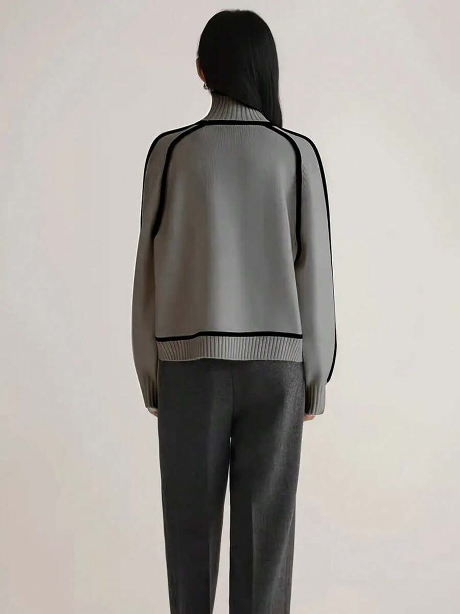 Strik sweater dame med høj hals og kontrastkanter langs raglanærmerne, Grå, billede 2