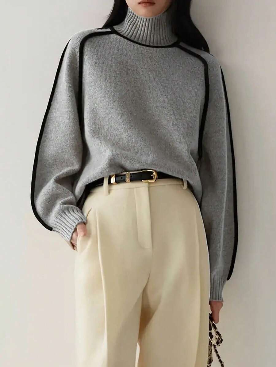 Strik sweater dame med høj hals og kontrastkanter langs raglanærmerne, Grå, billede 3