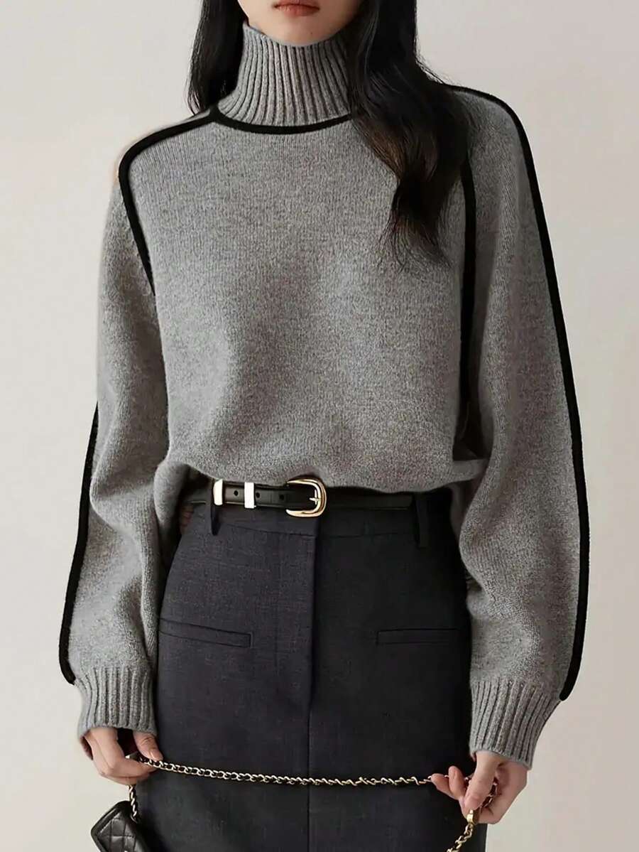Strik sweater dame med høj hals og kontrastkanter langs raglanærmerne, Grå, billede 4