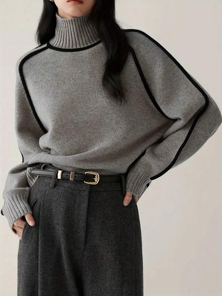 Strik sweater dame med høj hals og kontrastkanter langs raglanærmerne, Grå, billede 5