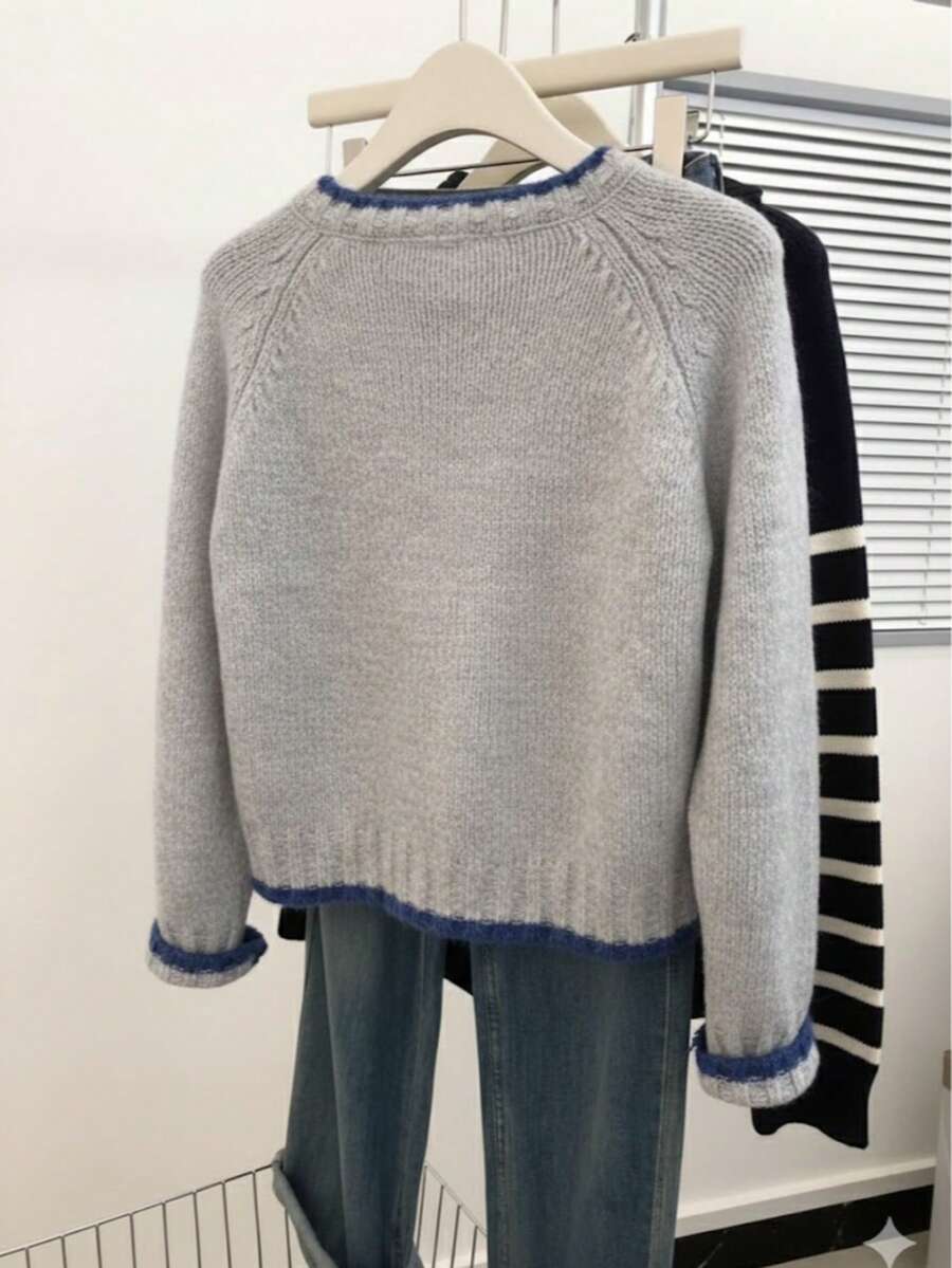 Strik sweater dame med kontrastkant, rund hals og raglanærmer, løs pasform, Grå, billede 6